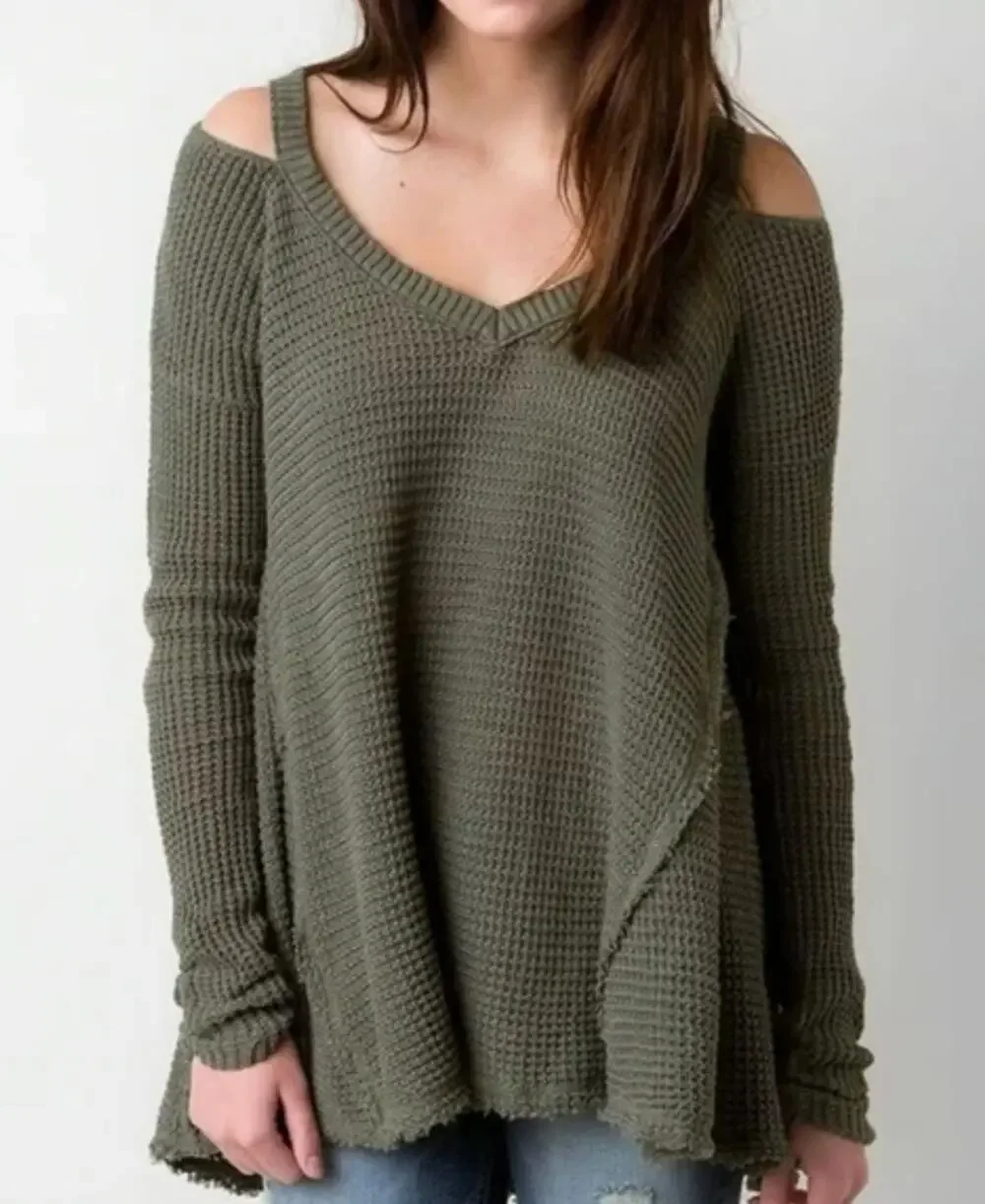 Free People Womens Moonshine Cold Shoulder Hi-Lo V-Neck Olive Green Sweater XS